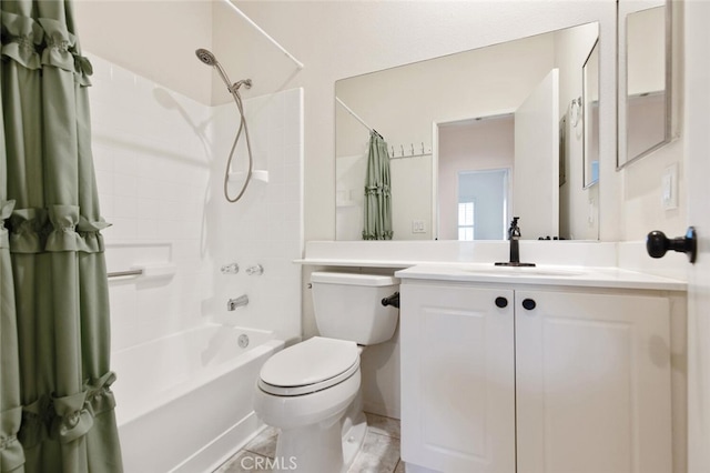 full bathroom with toilet, vanity, and shower / bath combination with curtain