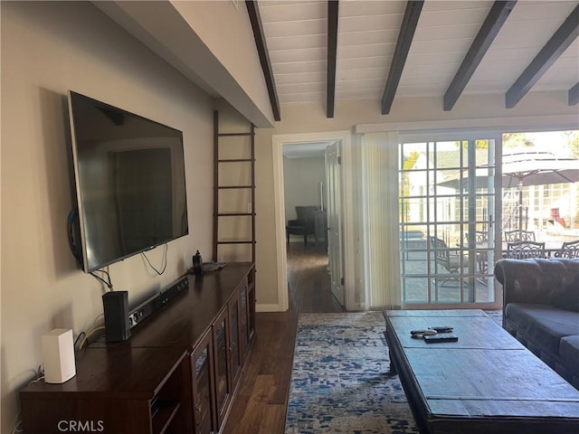 living room featuring vaulted ceiling with beams, dark wood-type flooring, and wooden ceiling