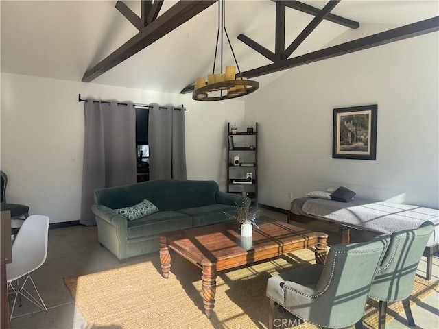 living room with lofted ceiling with beams