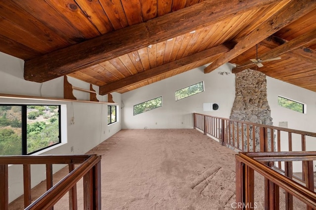 interior space with beamed ceiling, carpet flooring, wood ceiling, high vaulted ceiling, and ceiling fan