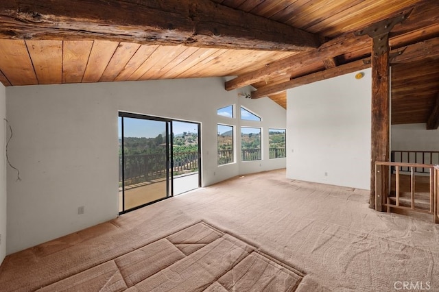 unfurnished living room featuring light colored carpet, lofted ceiling with beams, and wood ceiling