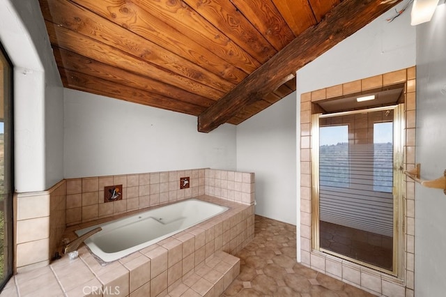 bathroom with wooden ceiling, tile patterned floors, separate shower and tub, and vaulted ceiling with beams