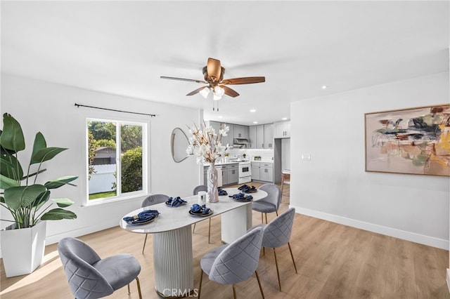 dining space with ceiling fan and light hardwood / wood-style flooring