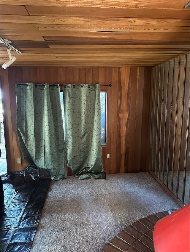 empty room with carpet, wood ceiling, and wooden walls