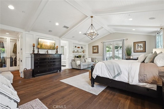 bedroom featuring access to exterior, dark hardwood / wood-style floors, french doors, and vaulted ceiling with beams