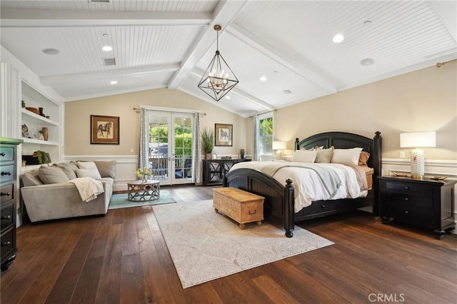 bedroom with french doors, an inviting chandelier, vaulted ceiling with beams, access to exterior, and dark hardwood / wood-style floors