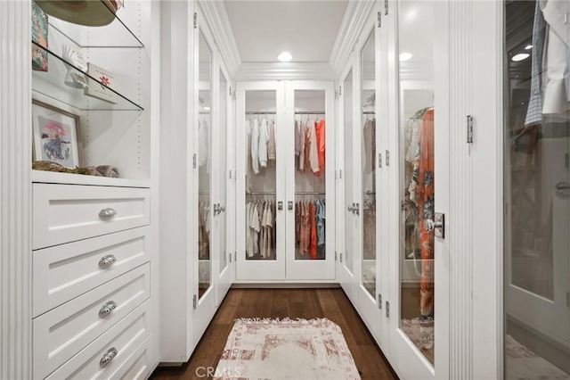 walk in closet with dark hardwood / wood-style floors and french doors