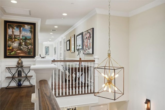 corridor featuring dark hardwood / wood-style floors and ornamental molding