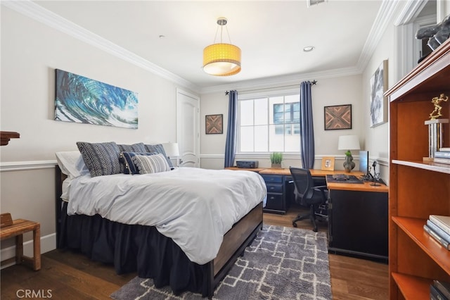 bedroom with dark hardwood / wood-style flooring and ornamental molding