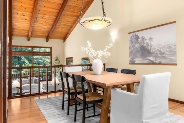 dining room with wood-type flooring, beam ceiling, high vaulted ceiling, and wooden ceiling