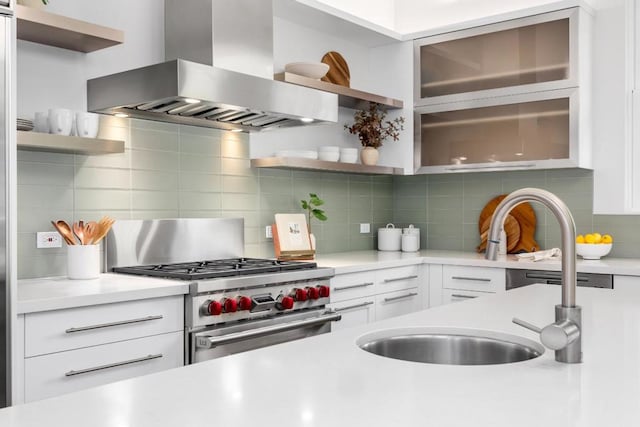 kitchen with sink, exhaust hood, white cabinetry, stainless steel appliances, and backsplash