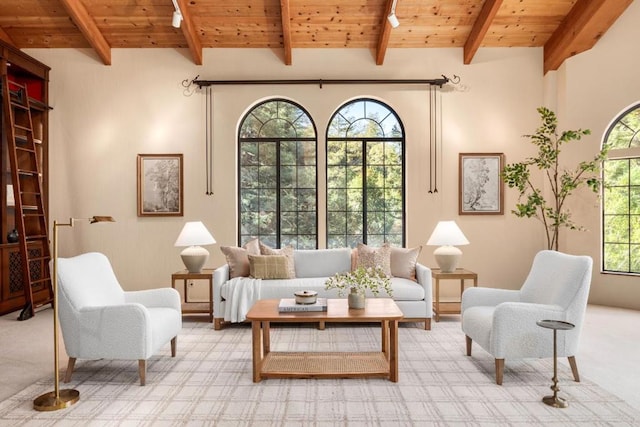 sitting room with beamed ceiling, rail lighting, light colored carpet, and wood ceiling