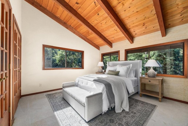 bedroom with beamed ceiling, wood ceiling, and high vaulted ceiling