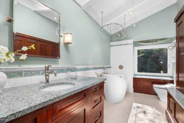 bathroom with lofted ceiling, tile walls, vanity, tile patterned floors, and a bathing tub