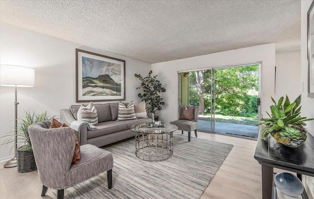 living room featuring a textured ceiling and light hardwood / wood-style floors