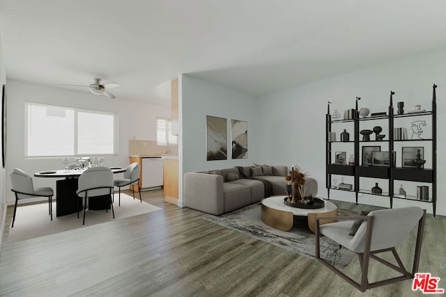 living room featuring ceiling fan and hardwood / wood-style flooring