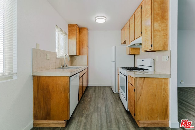 kitchen with sink, white appliances, dark hardwood / wood-style flooring, and plenty of natural light