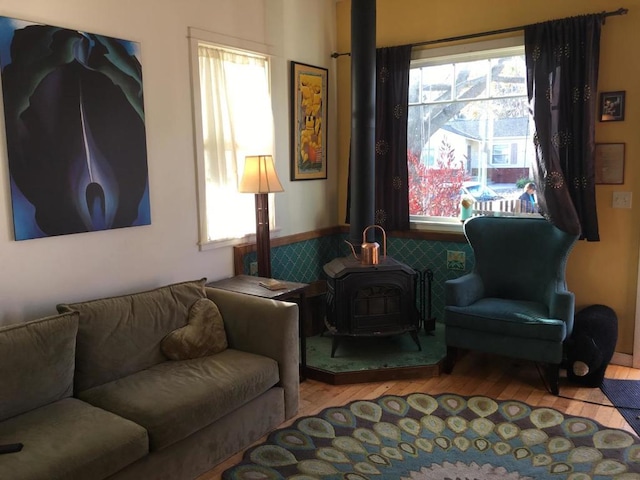 living area featuring light hardwood / wood-style floors and a wood stove