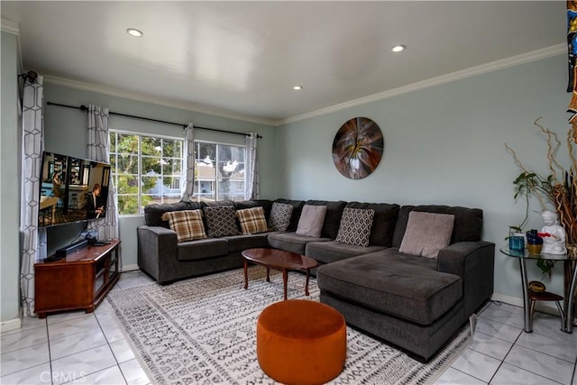 tiled living room featuring ornamental molding