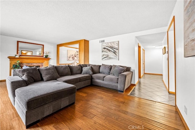 living room featuring wood-type flooring and a textured ceiling