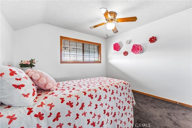 carpeted bedroom featuring vaulted ceiling, ceiling fan, and a textured ceiling