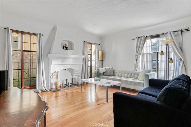 living room featuring plenty of natural light, wood-type flooring, and a fireplace