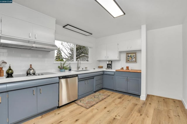 kitchen featuring tasteful backsplash, dishwasher, white cabinets, and light wood-type flooring