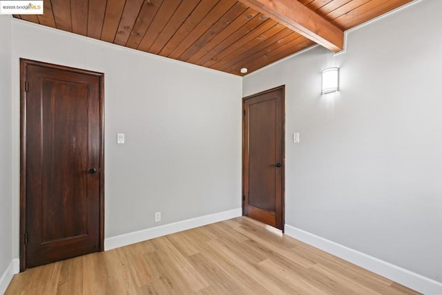 spare room featuring light wood-type flooring, wood ceiling, and beam ceiling