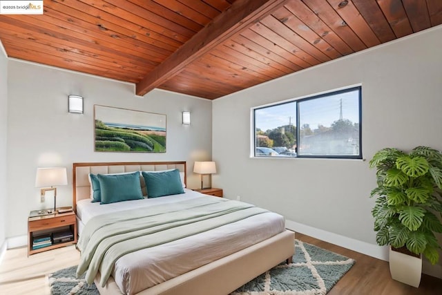 bedroom featuring wood-type flooring, wood ceiling, and beamed ceiling