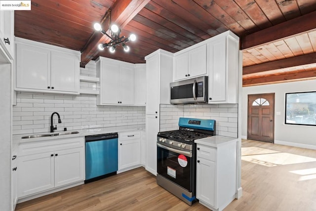 kitchen with beam ceiling, sink, white cabinetry, and stainless steel appliances