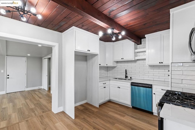 kitchen featuring white cabinets, wood ceiling, decorative light fixtures, stainless steel appliances, and beam ceiling