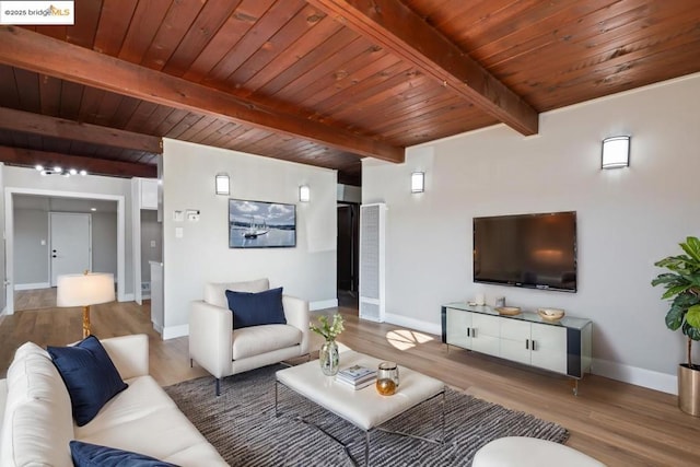 living room featuring wooden ceiling, light hardwood / wood-style flooring, and beamed ceiling