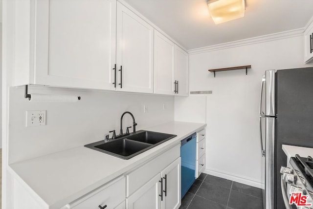 kitchen with appliances with stainless steel finishes, white cabinetry, crown molding, and sink