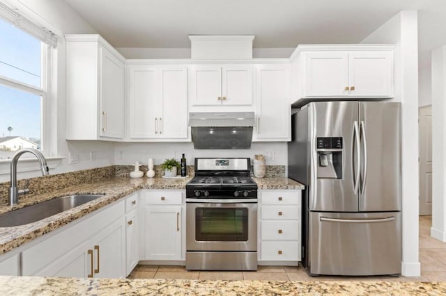 kitchen with white cabinetry, appliances with stainless steel finishes, sink, and exhaust hood