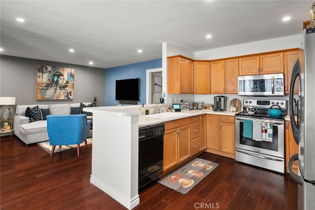 kitchen featuring dark wood-type flooring, stainless steel appliances, kitchen peninsula, and sink