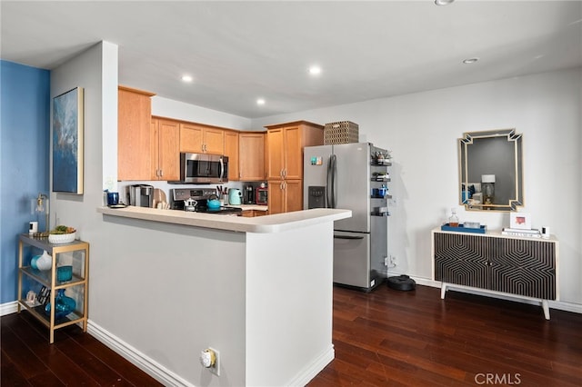 kitchen with appliances with stainless steel finishes, dark hardwood / wood-style floors, and kitchen peninsula