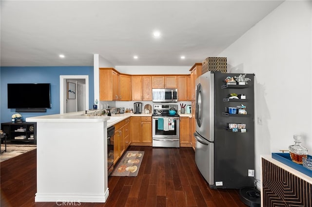 kitchen featuring appliances with stainless steel finishes, dark hardwood / wood-style floors, kitchen peninsula, and sink