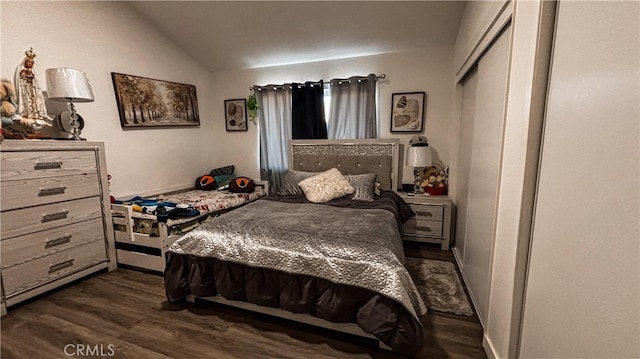 bedroom featuring lofted ceiling, a closet, and dark wood-type flooring