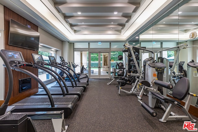 exercise room featuring a raised ceiling and french doors