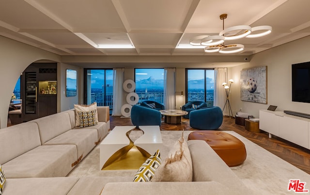 living room with parquet flooring