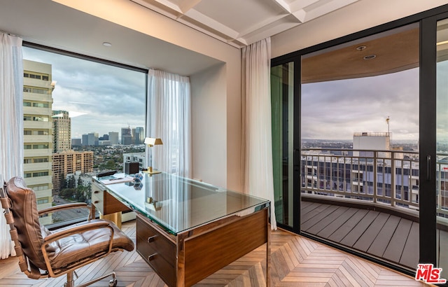 office space featuring light parquet flooring