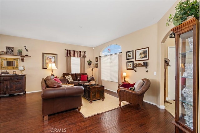 living room with dark hardwood / wood-style flooring