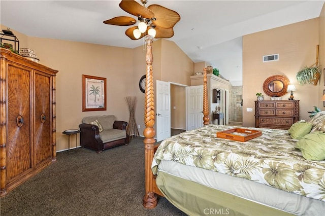 bedroom featuring vaulted ceiling, ceiling fan, and dark carpet