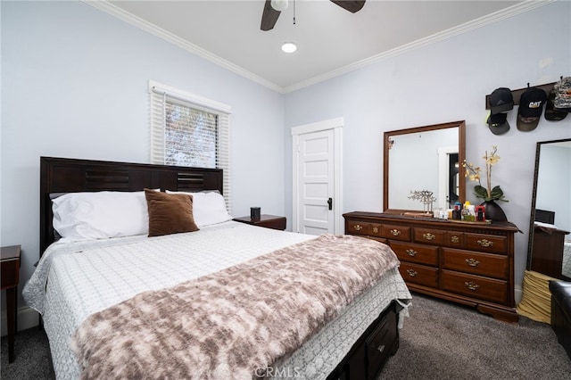 bedroom with ceiling fan, dark carpet, and ornamental molding