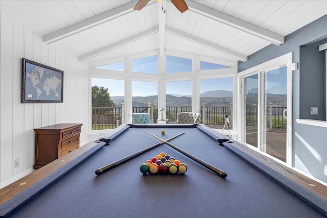 playroom with lofted ceiling with beams, a mountain view, pool table, and ceiling fan