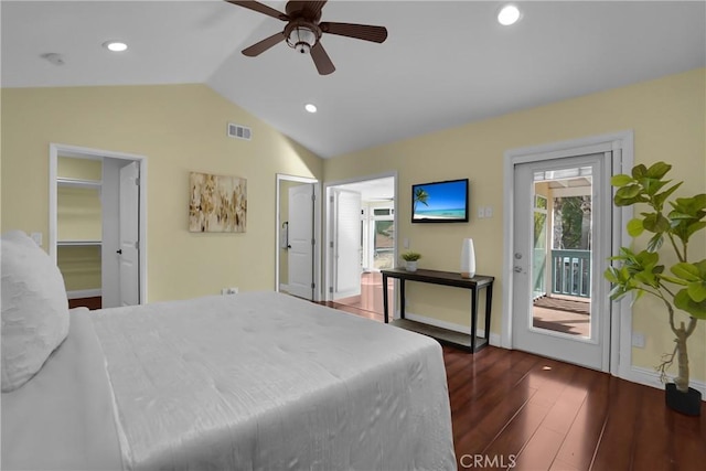 bedroom featuring ceiling fan, dark hardwood / wood-style floors, access to outside, and vaulted ceiling