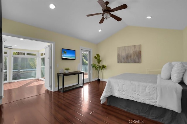 bedroom with ceiling fan, dark hardwood / wood-style flooring, and lofted ceiling