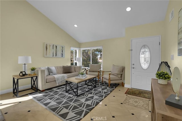 tiled living room featuring high vaulted ceiling