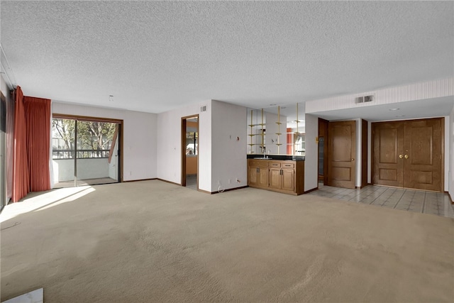 unfurnished living room with a textured ceiling and light colored carpet