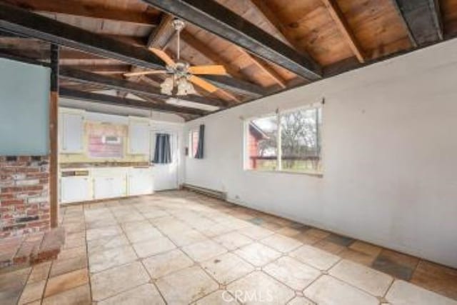 interior space featuring lofted ceiling with beams and wood ceiling